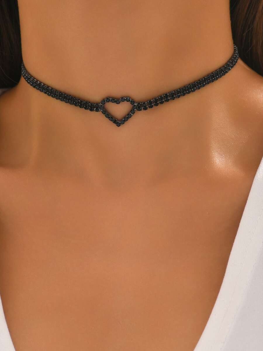 1 件情人节心形水钻派对 Y2k 风格项链，适合派对和节日情人节、妈妈、母亲、母亲节、礼物 - 黑色 - 查看 1
