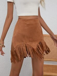 RELISH NOLESS 女式春夏牛仔女郎节日乡村音乐会假日外套休闲性感波西米亚风度假绒面流苏迷你裙 - 駝色 - 查看 4