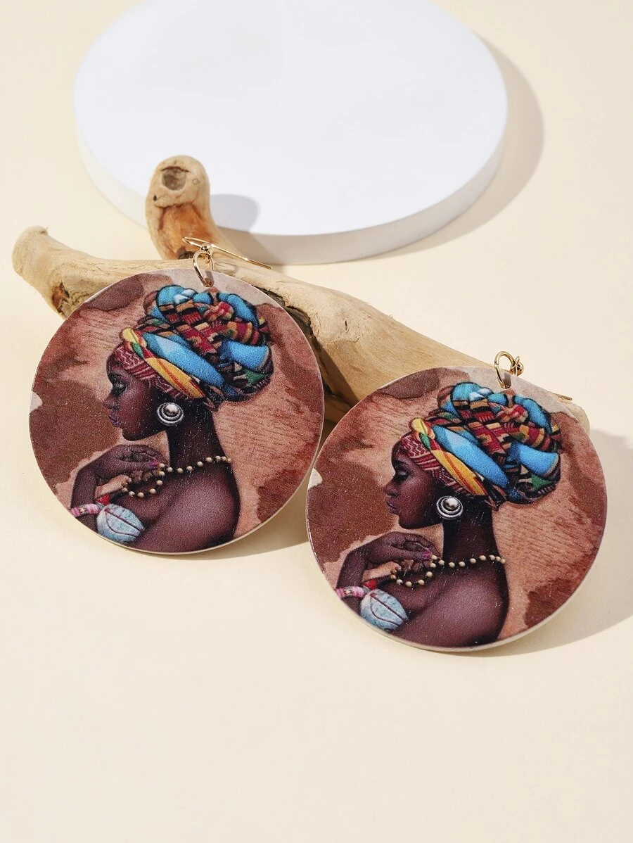 1 Pair Exaggerated Round One-Sided Printed F African Original Style Wooden Earrings For Women, Design - Multicolor - View 1