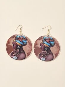 1 Pair Exaggerated Round One-Sided Printed F African Original Style Wooden Earrings For Women, Design - Multicolor - View 4