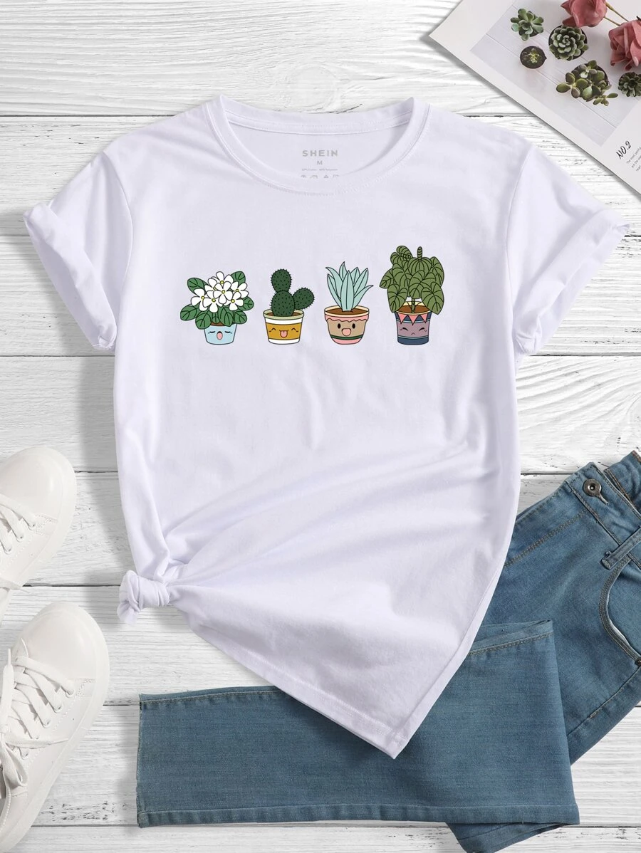 SHEIN LUNE Áo thun nữ Thực vật Giải trí - trắng - Xem 1