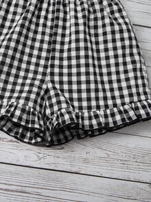 SHEIN Quần short bé gái Viên lá sen Kẻ sọc Giải trí - Đen và trắng - Xem 4