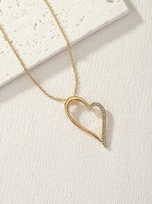 Rhinestone Decor Heart Charm Necklace - Yellow Gold - View 1