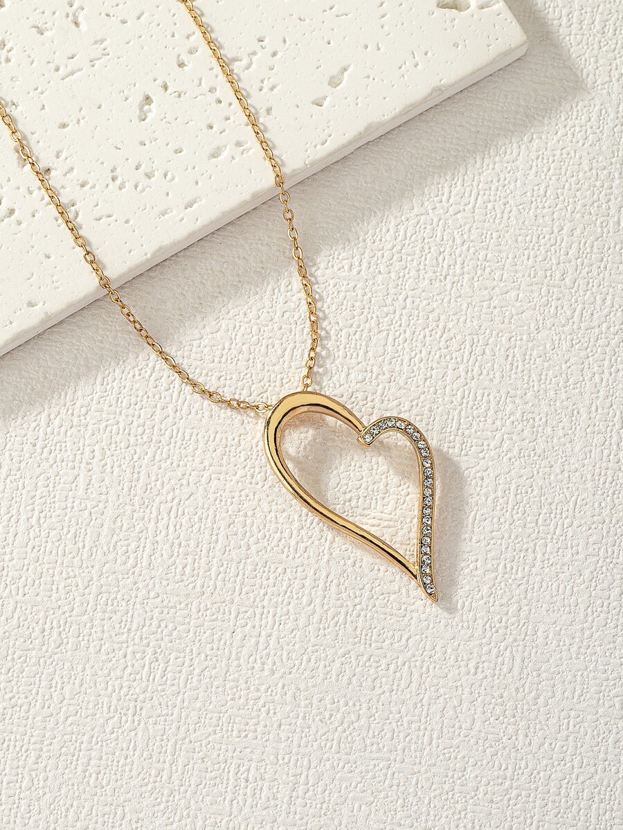 Rhinestone Decor Heart Charm Necklace - Yellow Gold - View 1