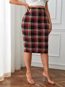 SHEIN Privé Falda lápiz con estampado de cuadros, talla grande, verano - Multicolor - Ver 1