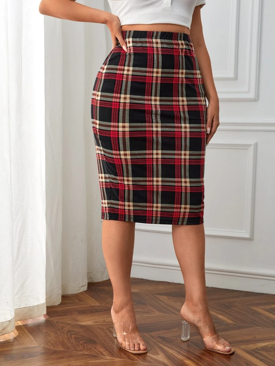 SHEIN Privé Falda lápiz con estampado de cuadros, talla grande, verano - Multicolor - Ver 1
