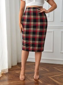 SHEIN Privé Falda lápiz con estampado de cuadros, talla grande, verano - Multicolor - Ver 5