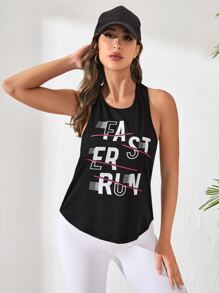 Slogan Graphic Curved Hem Sports Tank Top - Black - View 1