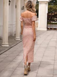Missord Solid Off Shoulder Split Back Sequin Dress - Baby Pink - View 2