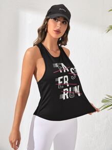 Slogan Graphic Curved Hem Sports Tank Top - Black - View 5