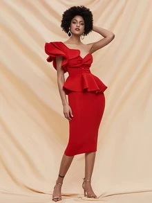 Missord Vestido de un hombro ribete con fruncido bajo con abertura - Rojo - Ver 3