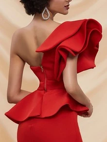 Missord Vestido de un hombro ribete con fruncido bajo con abertura - Rojo - Ver 4