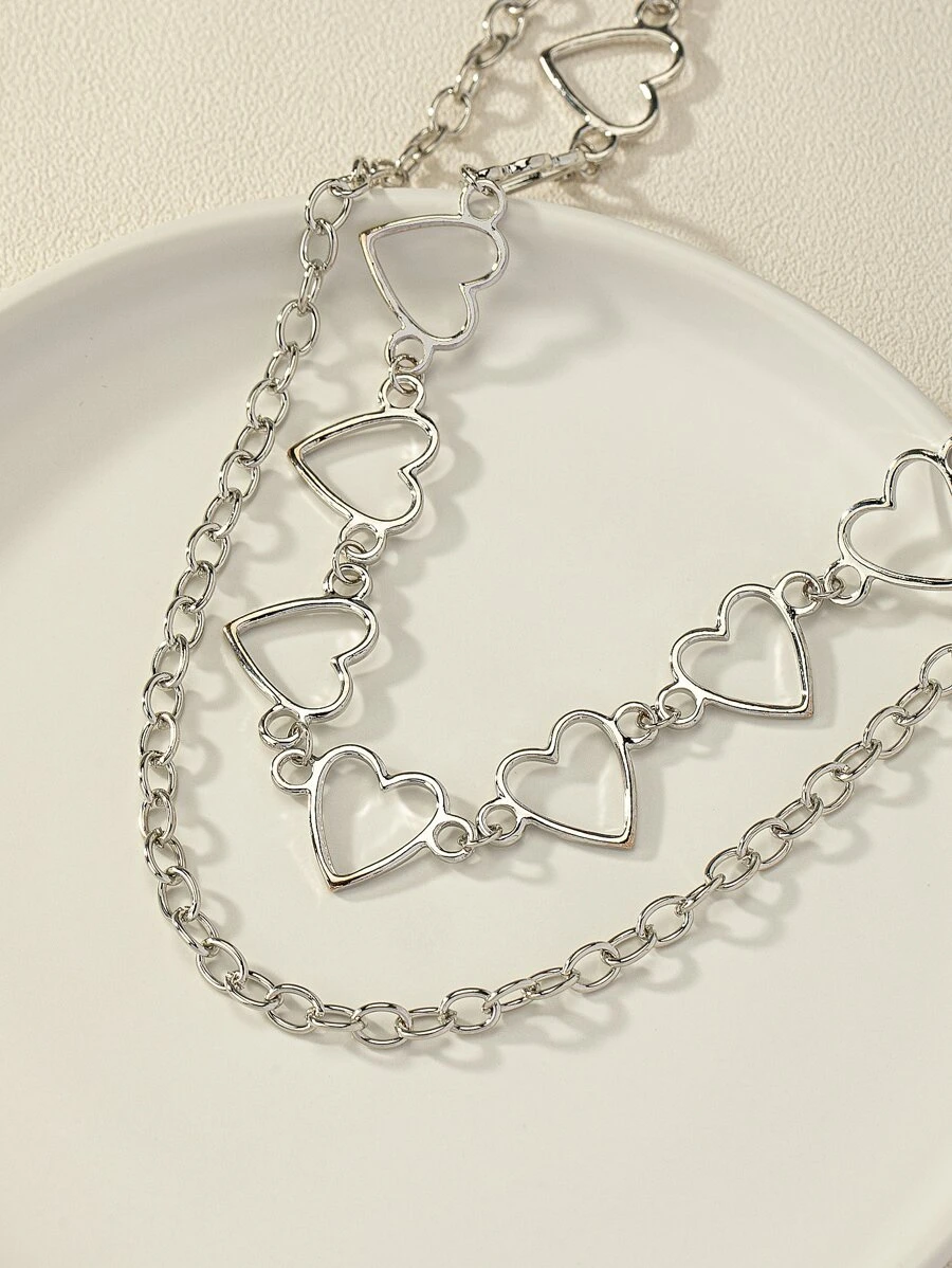 2pcs Heart Decor Chain Necklace - Silver - View 1