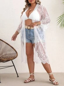 SHEIN VCAY Plus Floral Lace Scallop Trim Open Front Kimono - White - View 1