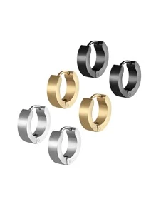 3pairs/set Men Minimalist Hoop Earrings Stainless Steel Punk Hip Pop Style