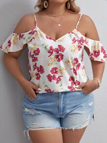 SHEIN VCAY Plus Floral Print Cold Shoulder Ruffle Trim Blouse - Multicolor - View 1