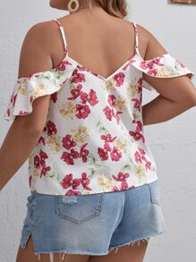 SHEIN VCAY Plus Floral Print Cold Shoulder Ruffle Trim Blouse - Multicolor - View 3
