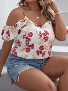 SHEIN VCAY Plus Floral Print Cold Shoulder Ruffle Trim Blouse - Multicolor - View 2
