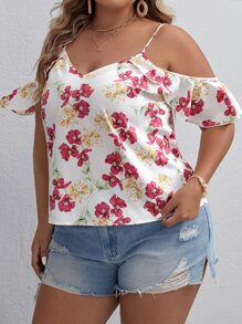 SHEIN VCAY Plus Floral Print Cold Shoulder Ruffle Trim Blouse - Multicolor - View 5