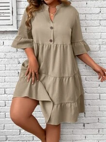 SHEIN LUNE Vestido smock de manga con volante bajo con fruncido - Caqui - Ver 4