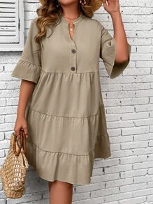 SHEIN LUNE Vestido smock de manga con volante bajo con fruncido - Caqui - Ver 5