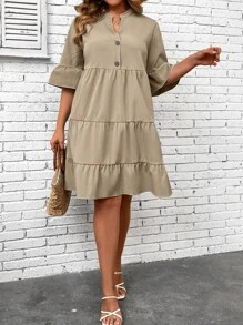 SHEIN LUNE Vestido smock de manga con volante bajo con fruncido - Caqui - Ver 6