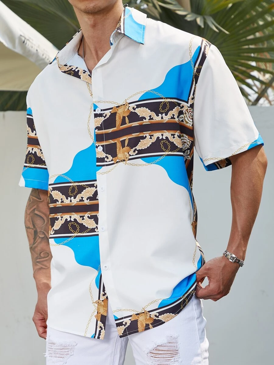 Manfinity Men Plus Chain & Scarf Print Shirt - White - View 1