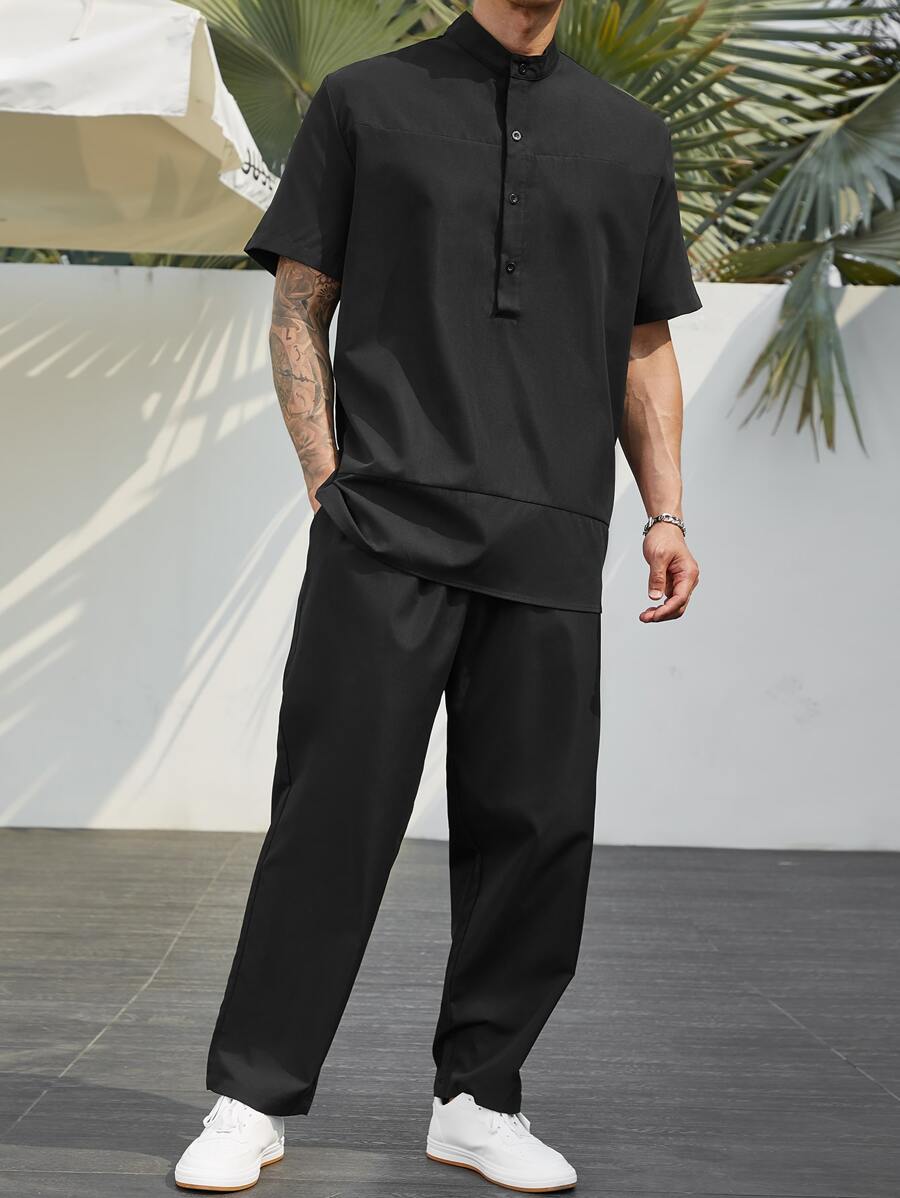 Manfinity RSRT Men Half Button Shirt & Drawstring Waist Trousers - Black - View 1