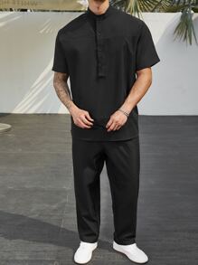 Manfinity RSRT Men Half Button Shirt & Drawstring Waist Trousers - Black - View 3