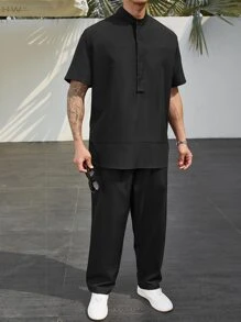 Manfinity RSRT Men Half Button Shirt & Drawstring Waist Trousers - Black - View 4