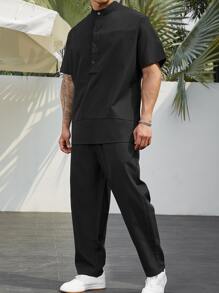 Manfinity RSRT Men Half Button Shirt & Drawstring Waist Trousers - Black - View 5