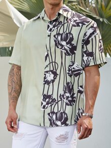 Manfinity Men Plus Floral Print Shirt Without Tee - Olive Green - View 1