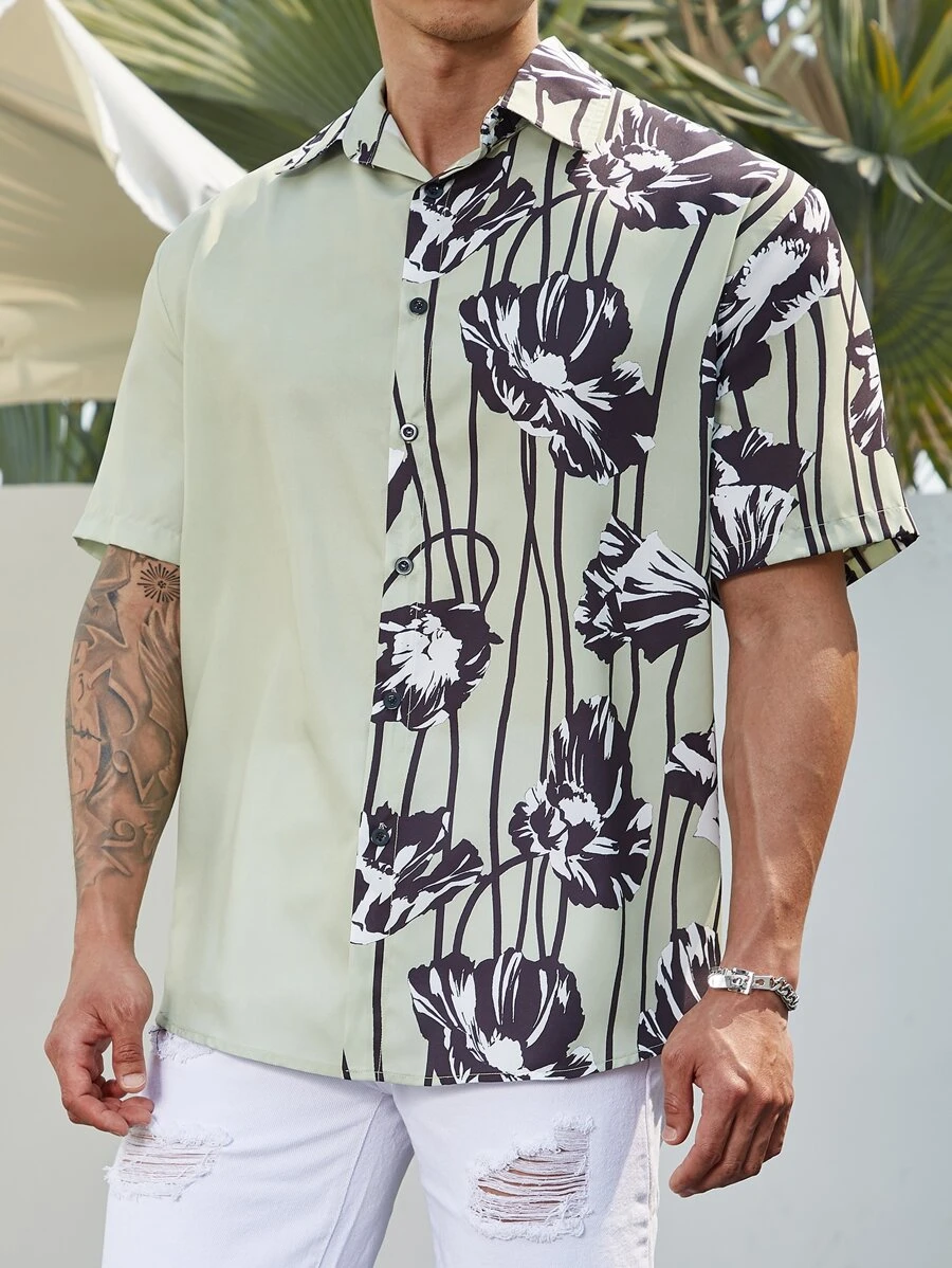 Manfinity Men Plus Floral Print Shirt Without Tee - Olive Green - View 1