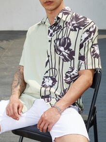 Manfinity Men Plus Floral Print Shirt Without Tee - Olive Green - View 4