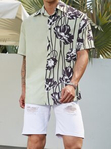Manfinity Men Plus Floral Print Shirt Without Tee - Olive Green - View 5
