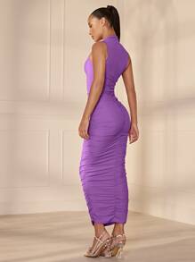 SHEIN BAE Asymmetrical Neck Ruched Bodycon Dress - Purple - View 2