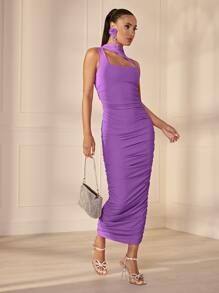 SHEIN BAE Asymmetrical Neck Ruched Bodycon Dress - Purple - View 3