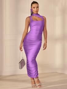 SHEIN BAE Asymmetrical Neck Ruched Bodycon Dress - Purple - View 4
