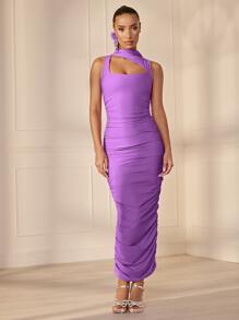 SHEIN BAE Asymmetrical Neck Ruched Bodycon Dress - Purple - View 5