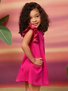 SHEIN Leap Crew 小女童荷葉邊連衣裙 - 玫紅色 - 查看 6