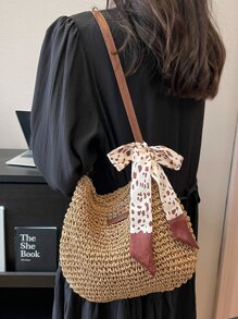 Skinny Scarf Decor Straw Bag Vacation Patch Detail - Khaki - View 1