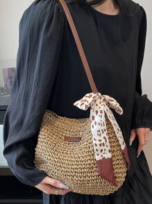 Skinny Scarf Decor Straw Bag Vacation Patch Detail - Khaki - View 2