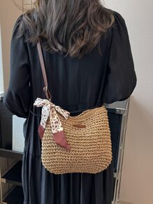 Skinny Scarf Decor Straw Bag Vacation Patch Detail - Khaki - View 4