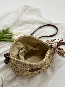 Skinny Scarf Decor Straw Bag Vacation Patch Detail - Khaki - View 5