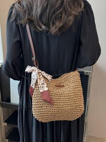 Skinny Scarf Decor Straw Bag Vacation Patch Detail - Khaki - View 6