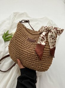 Skinny Scarf Decor Straw Bag Vacation Patch Detail - Khaki - View 7