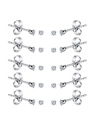 10pairs/set Women's Simple 2mm Cubic Zirconia Stainless Steel Ear Studs