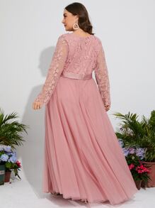 Plus Contrast Lace Mesh Hem Bridesmaid Dress - Pink - View 2