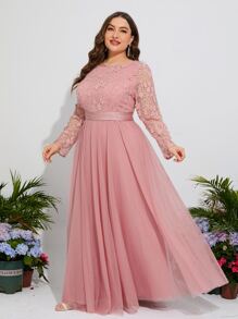 Plus Contrast Lace Mesh Hem Bridesmaid Dress - Pink - View 5