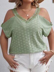 SHEIN VCAY Camiseta de hombros descubiertos con encaje - verde menta - Ver 5